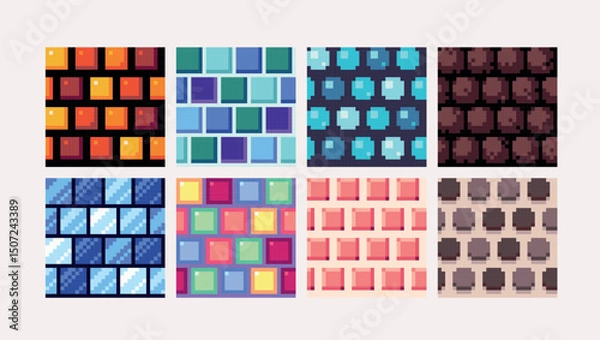 Fototapeta  Mosaic crystal and gems pixel art square blocks. Abstract geometric seamless pattern textures 8 bit platform tiles. Game development, mobile app template. Texture grid vector illustration.