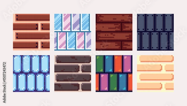 Fototapeta Mosaic pixel art square blocks. Abstract geometric seamless pattern textures 8 bit platform tiles. Game development, mobile app template. Texture grid vector illustration.