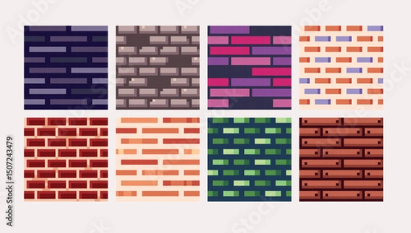 Fototapeta Stone castle bricks pixel art square blocks. Brickwork wall 8 bit platform tiles. Game development, mobile app template. Texture grid vector illustration.