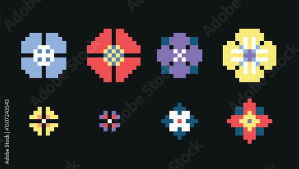 Fototapeta Colorful flowers pixel art set. Floweret, floret collection. 8 bit sprite. Game development, mobile app. Isolated vector illustration.	
