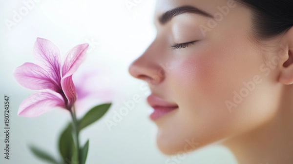 Fototapeta Sensual Woman with Closed Eyes Smelling Pink Flower in Studio, Nude Makeup and Care, Beauty, Spa, Wellness and Aromatherapy Concept with Copy Space, Minimalist Natural Skincare, Fragrance Ad.