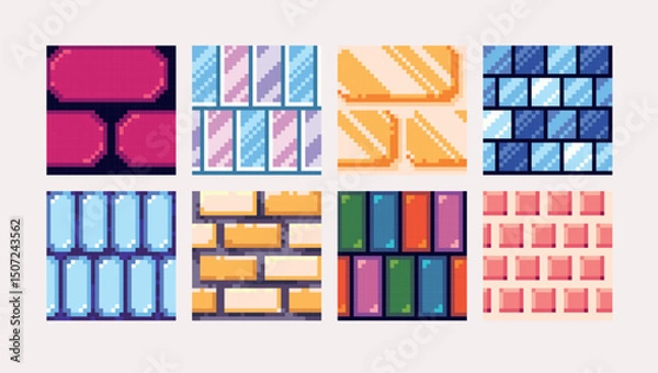 Fototapeta  Mosaic crystal and gems pixel art square blocks. Abstract geometric seamless pattern textures 8 bit platform tiles. Game development, mobile app template. Texture grid vector illustration.