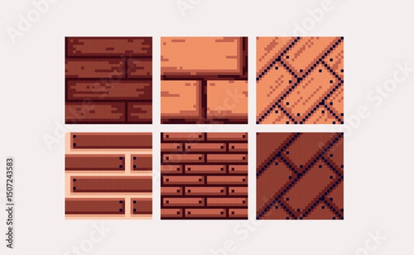 Fototapeta  Wooden planks and panels pixel art square blocks. Rustic hardwood seamless pattern textures 8 bit platform tiles. Game development, mobile app template. Texture grid vector illustration.