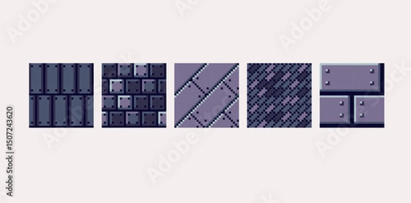 Fototapeta Metallic industrial pixel art square blocks. Iron and steel seamless pattern textures 8 bit platform tiles. Game development, mobile app template. Texture grid vector illustration.