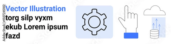Fototapeta Gear symbolizing settings, hand pointing for interaction, cloud with arrows for storage, database. Ideal for tech, automation, development, data storage, UX cloud solutions simple landing page