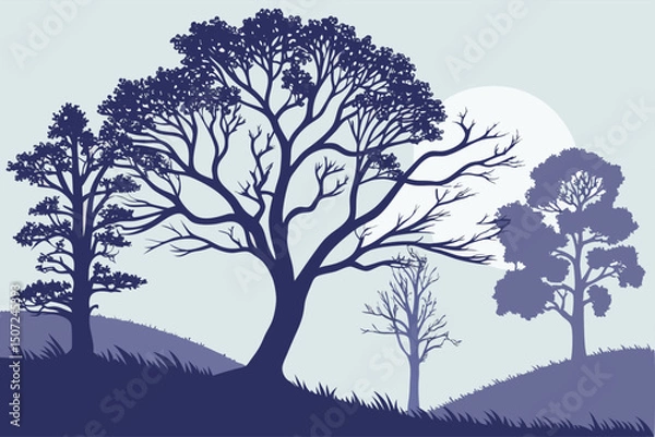 Obraz serene nature scene with trees silhouettes and sunrise in blue tones vector
