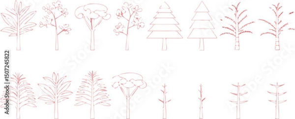 Fototapeta set of 10 minimalist tree icons in pink line art style
