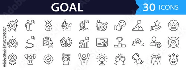 Obraz Business goal Web Icon Set in Line Style. Collection of Success Linear Icons, Including process, target, aim, focus, human resource, strategy, winner, action plan, strategy and more. Editable Stroke