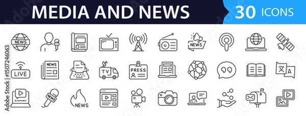 Fototapeta News media Web Icon Set in Line Style. Collection of Mass media Linear Icons, Including tv, radio, newspaper, magazine, news, broadcasting, press, interview, journalism and more. Editable Stroke