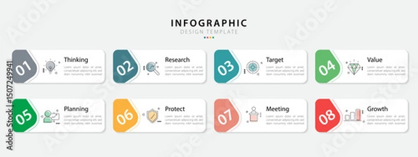 Fototapeta Timeline Creator infographic template. 8 Step timeline journey, calendar Flat simple infographics design template. presentation graph. Business concept with 8 options, gantt vector illustration.