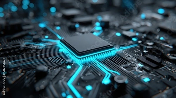Fototapeta Detailed 3d schematic of a computer chip on a circuit board hovering over a digital background with complex design