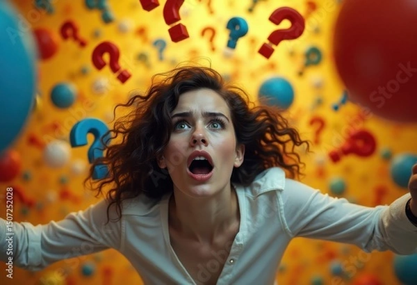 Fototapeta Overwhelmed Person with Question Marks, Stress and Confusion Concept