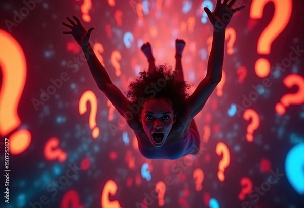 Fototapeta Overwhelmed Person with Question Marks, Stress and Confusion Concept