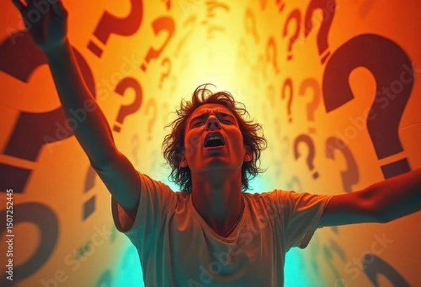 Fototapeta Overwhelmed Person with Question Marks, Stress and Confusion Concept