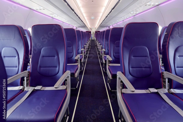 Fototapeta Empty interior of new modern airplane Airbus A321 XLR with blue seats and no passangers. Photographed in ambiental light. Selective focus..