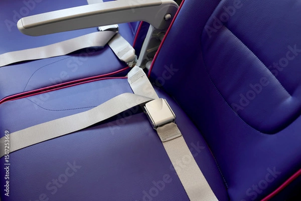 Fototapeta Close up of seat belt of empty chair and interior of new modern airplane Airbus A321 XLR with blue seats and no passangers. Photographed in ambiental light. Selective focus.