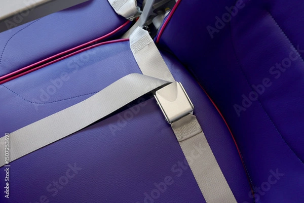 Fototapeta Close up of seat belt of empty chair and interior of new modern airplane Airbus A321 XLR with blue seats and no passangers. Photographed in ambiental light. Selective focus.
