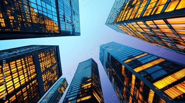 Fototapeta Golden hour lights paint tall skyscrapers in warm hues as silhouettes against a clear violet twilight sky city skyline