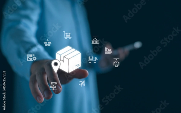 Fototapeta Businessman manage supply chain icon for Logistic, organizing and controlling resources to meet the needs of customers, Logistic and transport concept, Shipping port background.