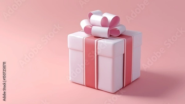 Obraz Beautiful White Gift Box with Red Ribbon and Big Bow on Light Background, Simple and Modern Design for Holiday Blessings and Special Occasions