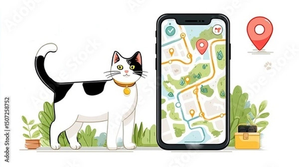 Fototapeta Cute black and white cat with collar next to smartphone GPS tracker app showing pet location on city map