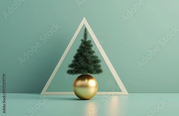 Obraz Minimalist Background with Triangular Frame, Green Christmas Tree in Golden Ball on Light Blue Table, Abstract Concept for Winter, New Year, and Holiday Advertising, Postcard Design