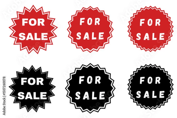 Fototapeta Six red and black starburst shapes showcase a "For Sale" message.