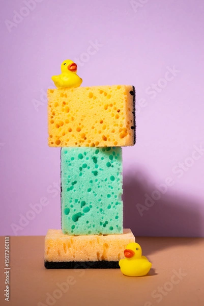 Fototapeta Household sponge foam cleaner still life and bath duck