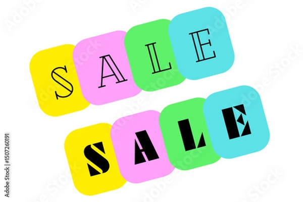 Fototapeta Colorful "SALE" blocks are arranged in two rows on a white background. 
