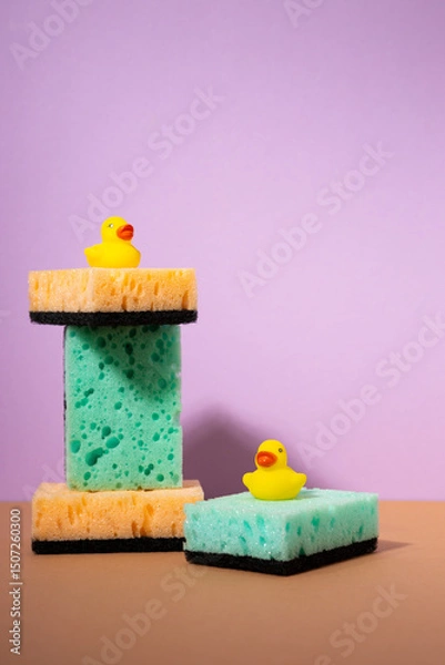 Fototapeta Household sponge foam cleaner creative still life and bath duck