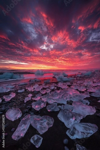 Fototapeta Sunset on the beach with ice and rocks, colorful, cold, red, sand, black, clouds. Generated by AI.