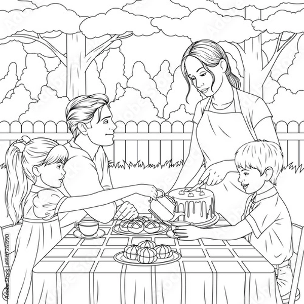 Fototapeta Vector illustration, family tea party in a summer garden