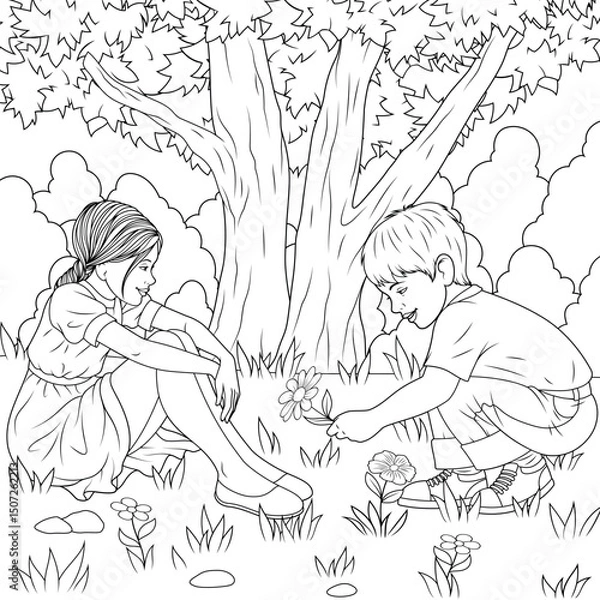 Fototapeta Vector illustration, boy gives flowers to girl in the meadow