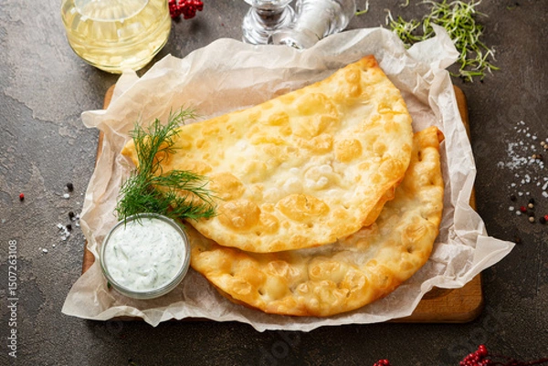Fototapeta Cheese and meat homemade pastry cheburek top view