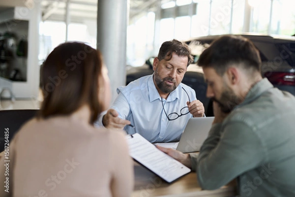 Fototapeta Car salesman explaining the contracts to a couple during a meeting at a car dealership.