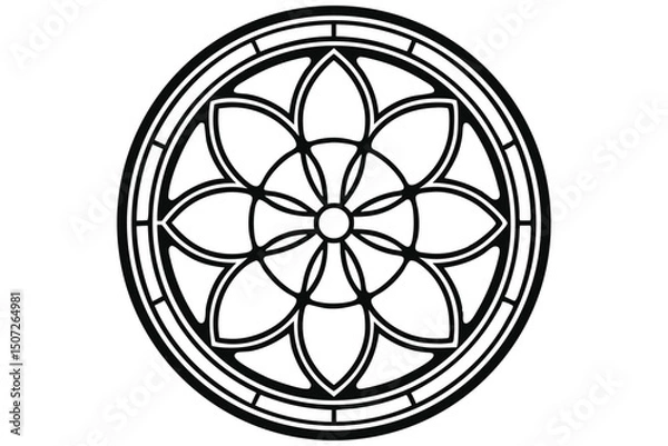Fototapeta Monochrome Geometric Rose Window Design: Symmetrical Floral Motif in Circular Frame, Isolated on White Background.                                    