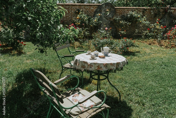 Fototapeta Serenic image of a charming garden with a table set for tea amidst blooming roses and greenery, evoking calmness and leisure