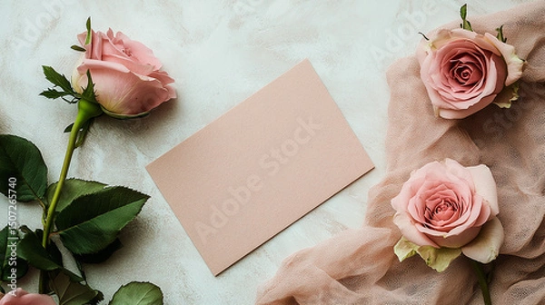 Fototapeta Pink greeting card with envelope on white background