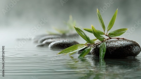 Fototapeta Zen stone arrangement with flowing water patterns and bamboo leaves in morning mist. Spa decor concepts for wellness branding and Japanese garden design.
