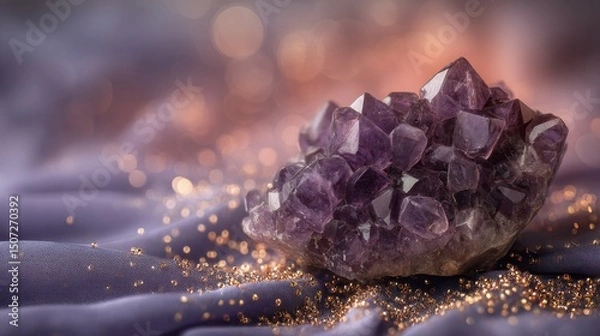 Fototapeta Geometric amethyst crystal cluster on silk fabric with floating golden particles, energy waves and lavender bokeh, perfect for spiritual branding, packaging design and wellness websites.
