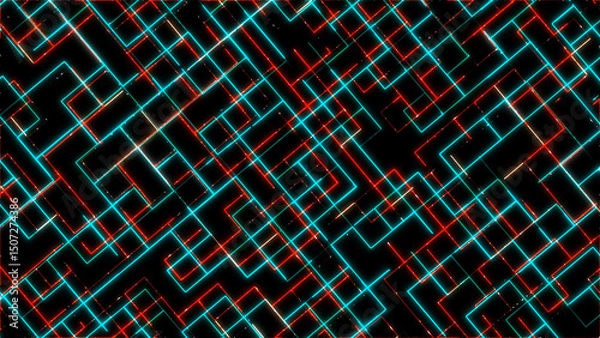 Fototapeta Abstract Geometric Background with Neon Lines in Blue Red and Gold on a Black Backdrop