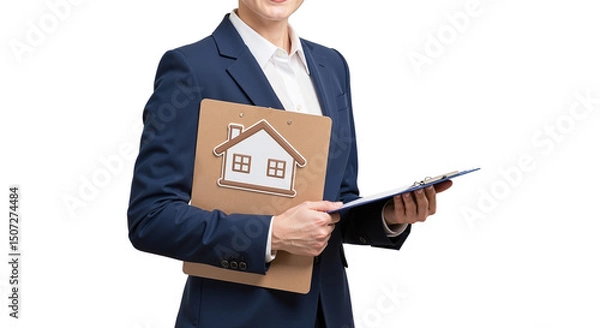 Obraz Real estate agent holding clipboard with house icon and documents  