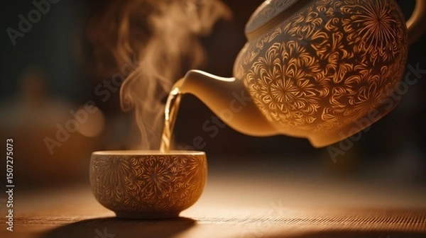 Fototapeta Levitating ceramic teapot pouring jasmine tea with mandala steam patterns in amber light, ideal for tea brand packaging, meditation app interfaces and zen decor concepts.
