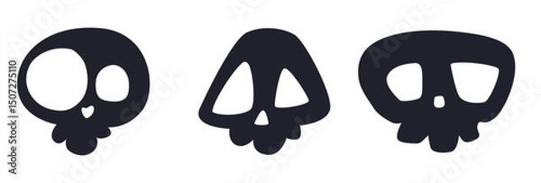 Fototapeta Set of three cute and spooky cartoon skulls in black and white. Minimal, bold shapes ideal for stickers, tattoos, icons, and Halloween designs for kids and adults