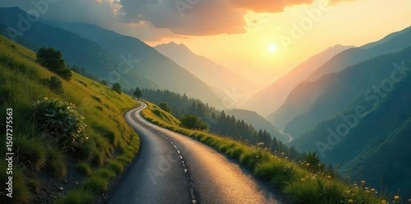 Obraz A winding road disappears into a misty, sunlit valley, symbolizing an uncertain but promising future path ahead The journey is long, but the destination is bright , nature, descent, way