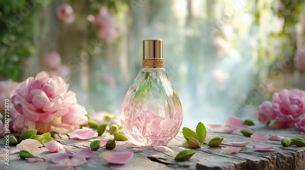 Fototapeta Cardamom and Rose Perfume in Bottle, Scene with Elegant Botanical Composition, Luxury Natural Fragrance Concept, Romantic Scent Still Life with Soft Light and Copy Space.