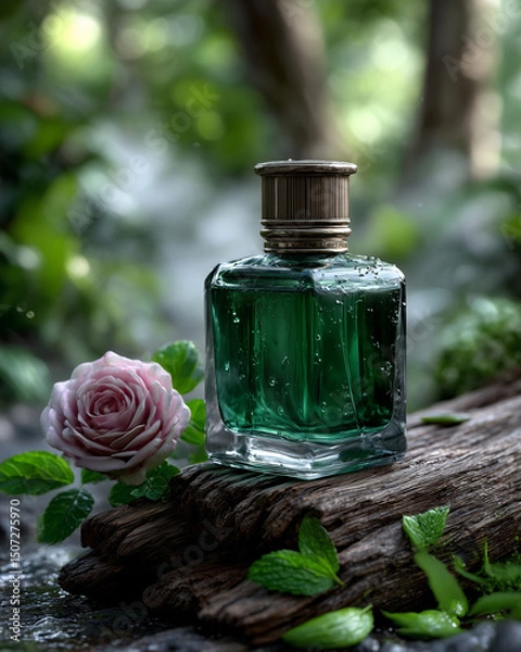 Fototapeta Elegant Green Men’s Perfume with Water Drops on Wood, Fresh Vintage Fragrance Vertical Still Life with Botanical Notes, Masculine Luxury and Nature-Inspired Scent Concept