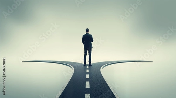 Fototapeta Businessman standing at crossroads fork in road making decision choice between different paths future career direction