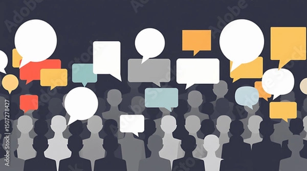 Fototapeta Social Media Communication Network with Diverse People Silhouettes and Speech Bubbles for community engagement, public relations and marketing materials.