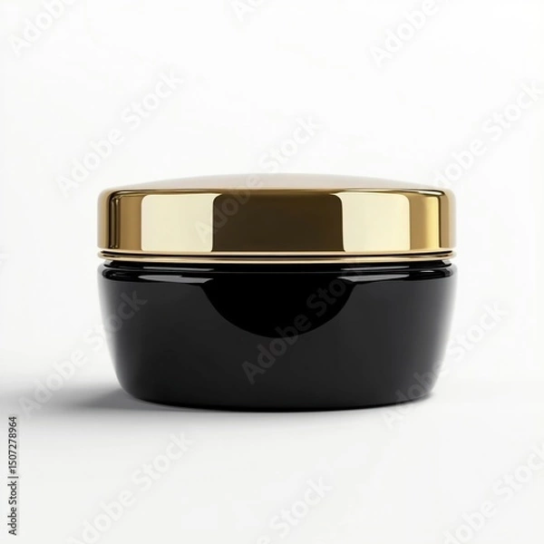 Fototapeta Photo of Black cosmetic cream jar with gold lid isolated on white background